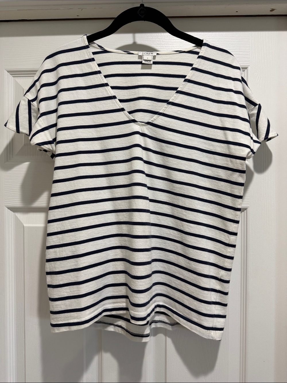 J. Crew White and Navy Striped V‑Neck Tee